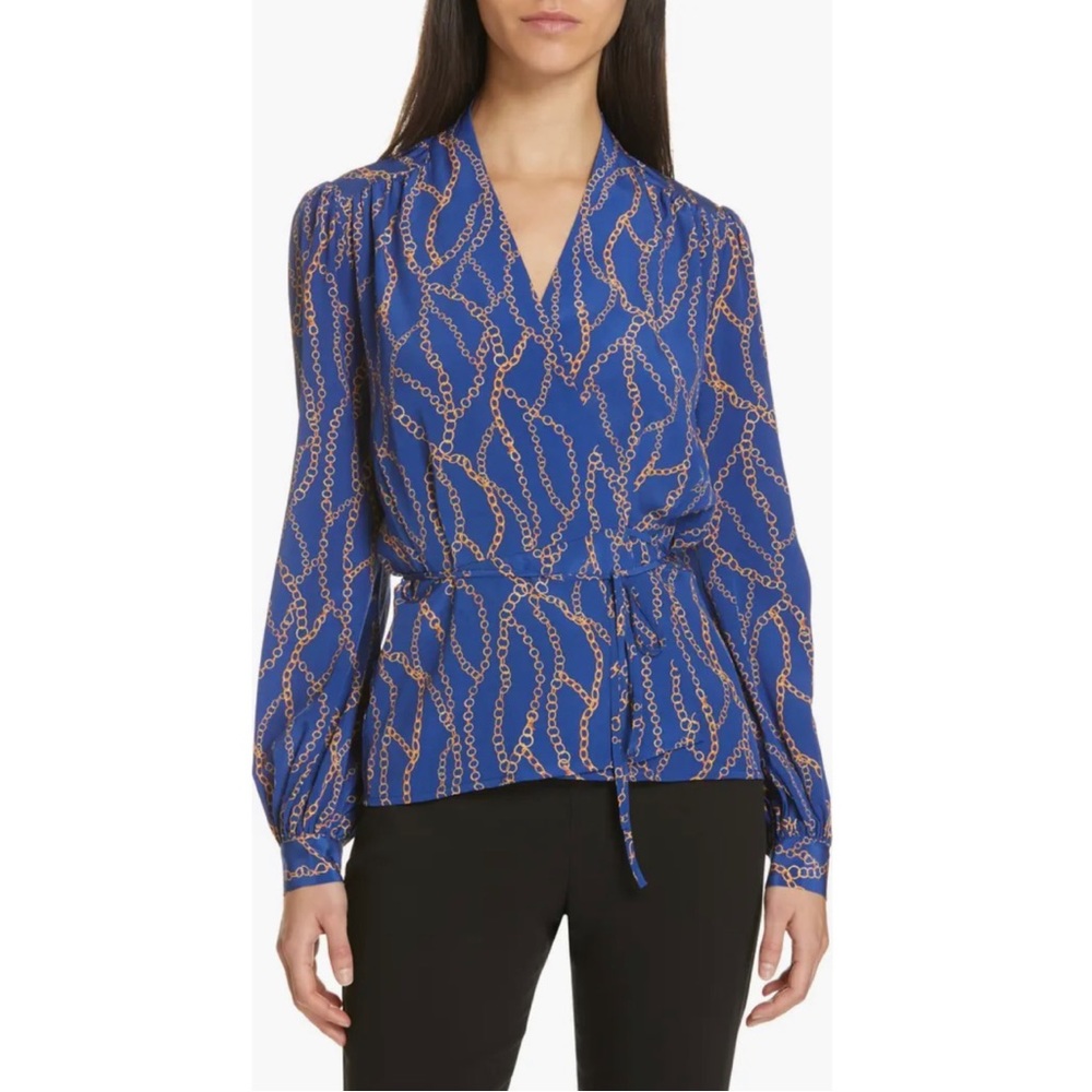 L'agence Cara Silk Wrap Top Blouse Blue Gold Chain Balloon Sleeve Lightweight XL